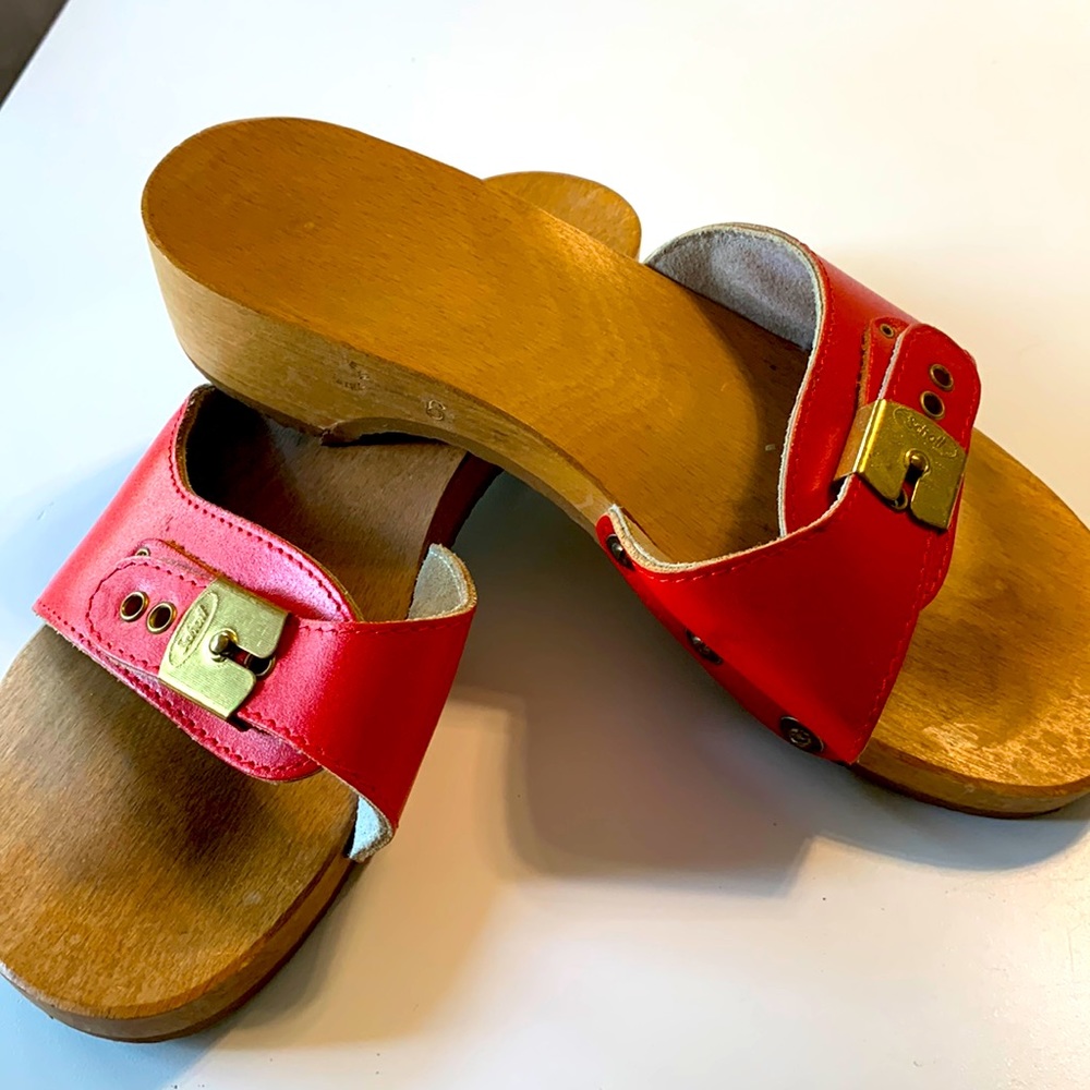 Vintage 70s Red Original Dr Scholl's Exercise Wooden Slidw Sandals Sz 6 Austria